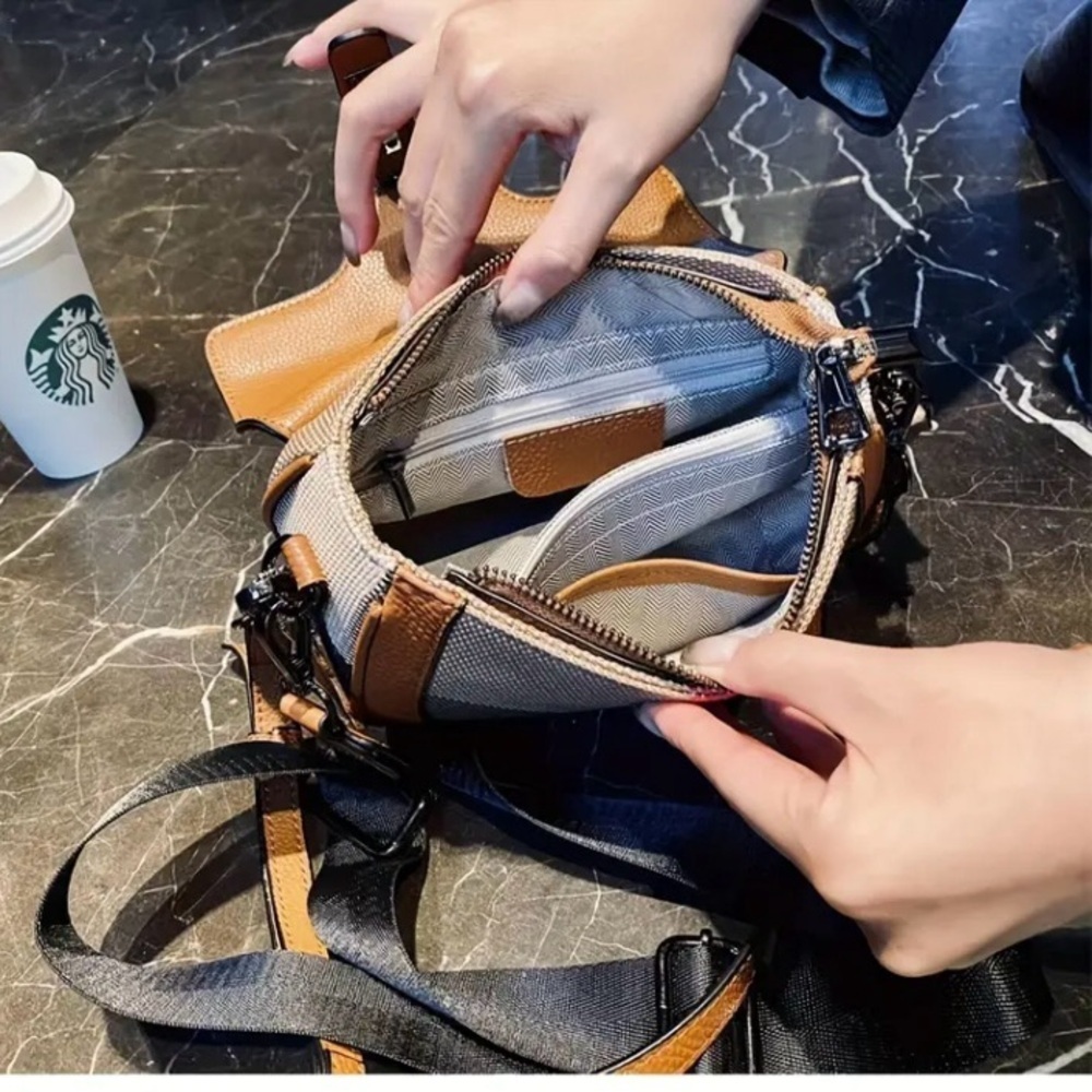Genuine Leather and Woven Checked Mini Crossbody - Picture 10 of 15